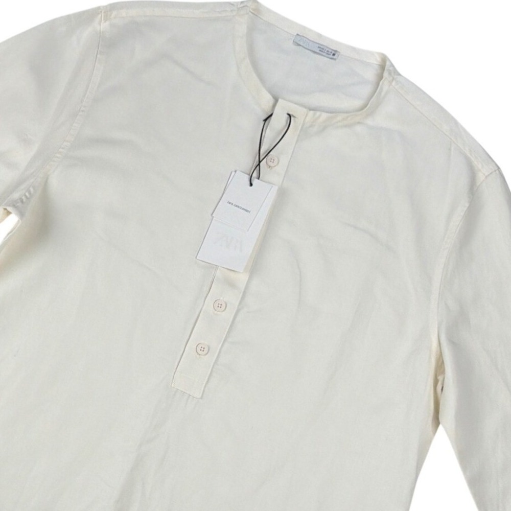 Zara Cotton Linen Blend Henley Shirt Textured Minimalist Cream Mens S NWT $79